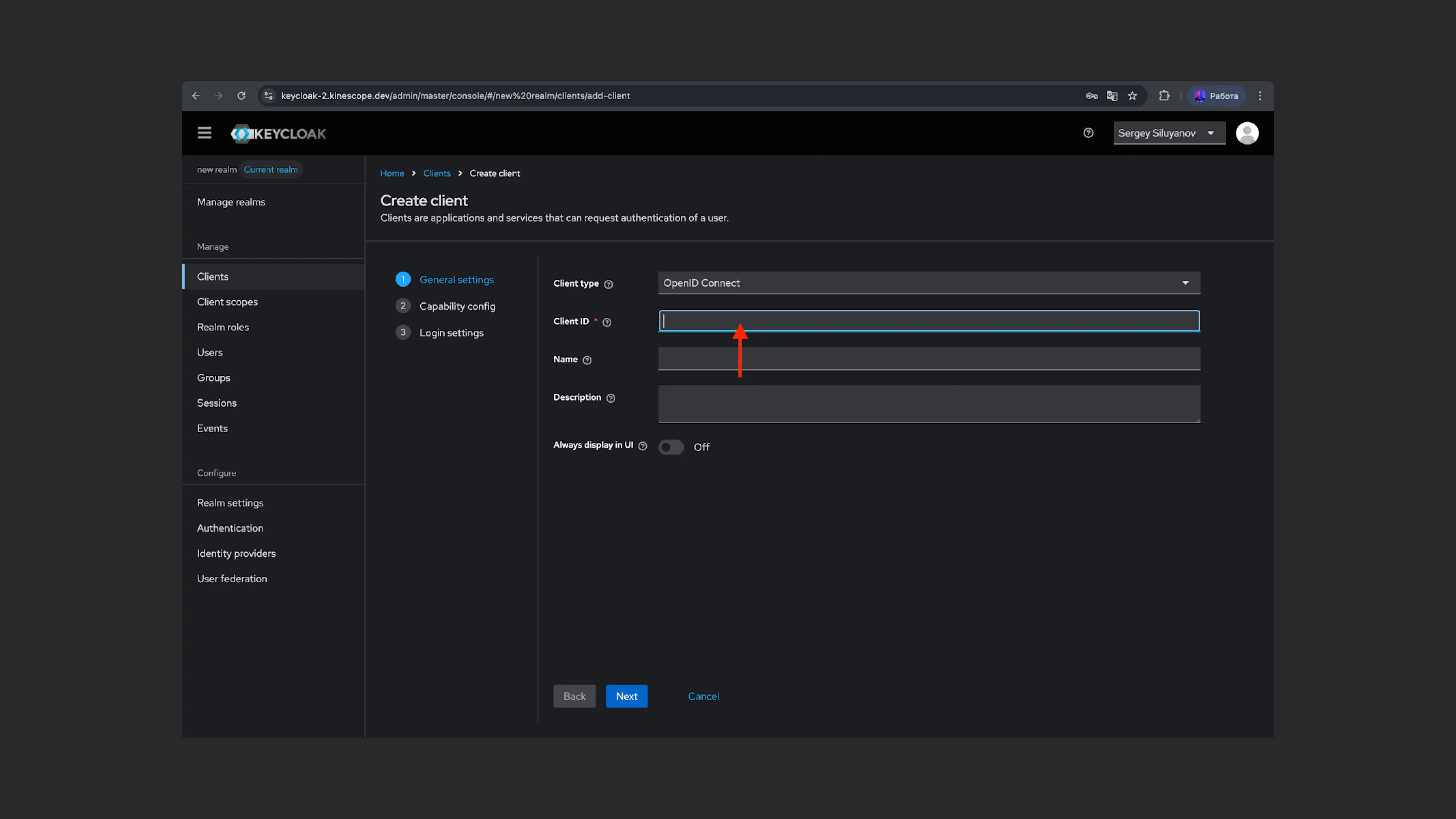 Ввод Client ID в Keycloak