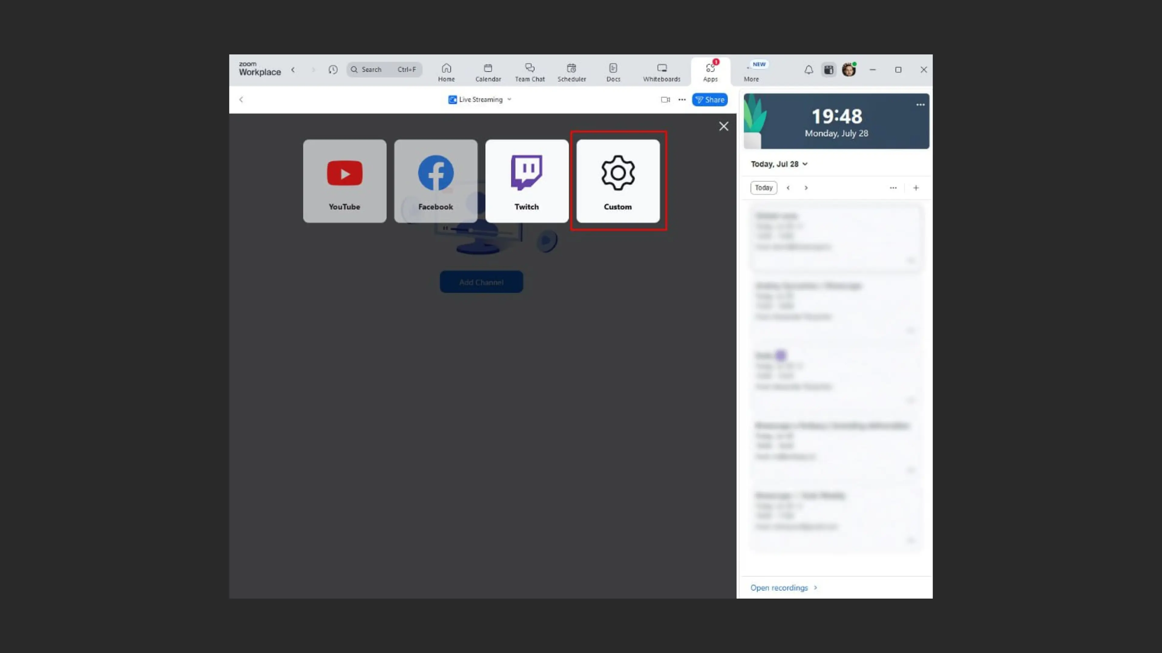 Выбор варианта Custom для трансляции