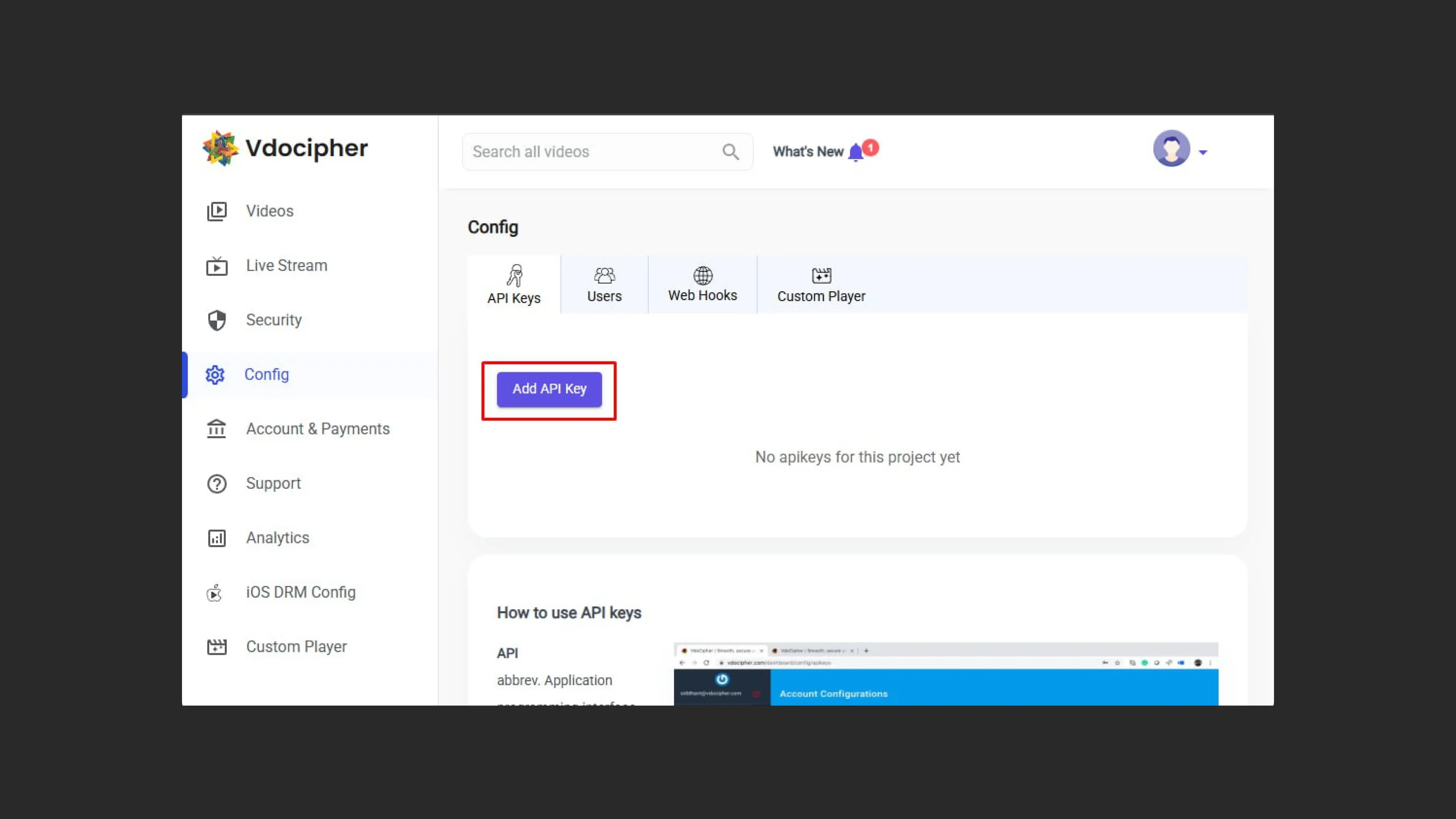 Создание API Key в VdoCipher