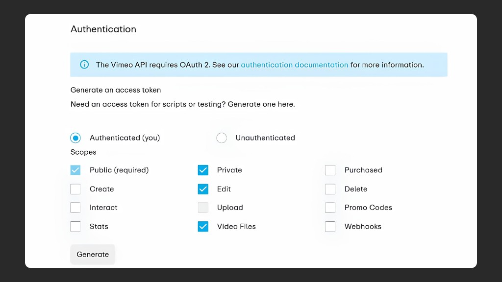 Настройка прав API-токена Vimeo: разрешение Edit для миграции из альбомов