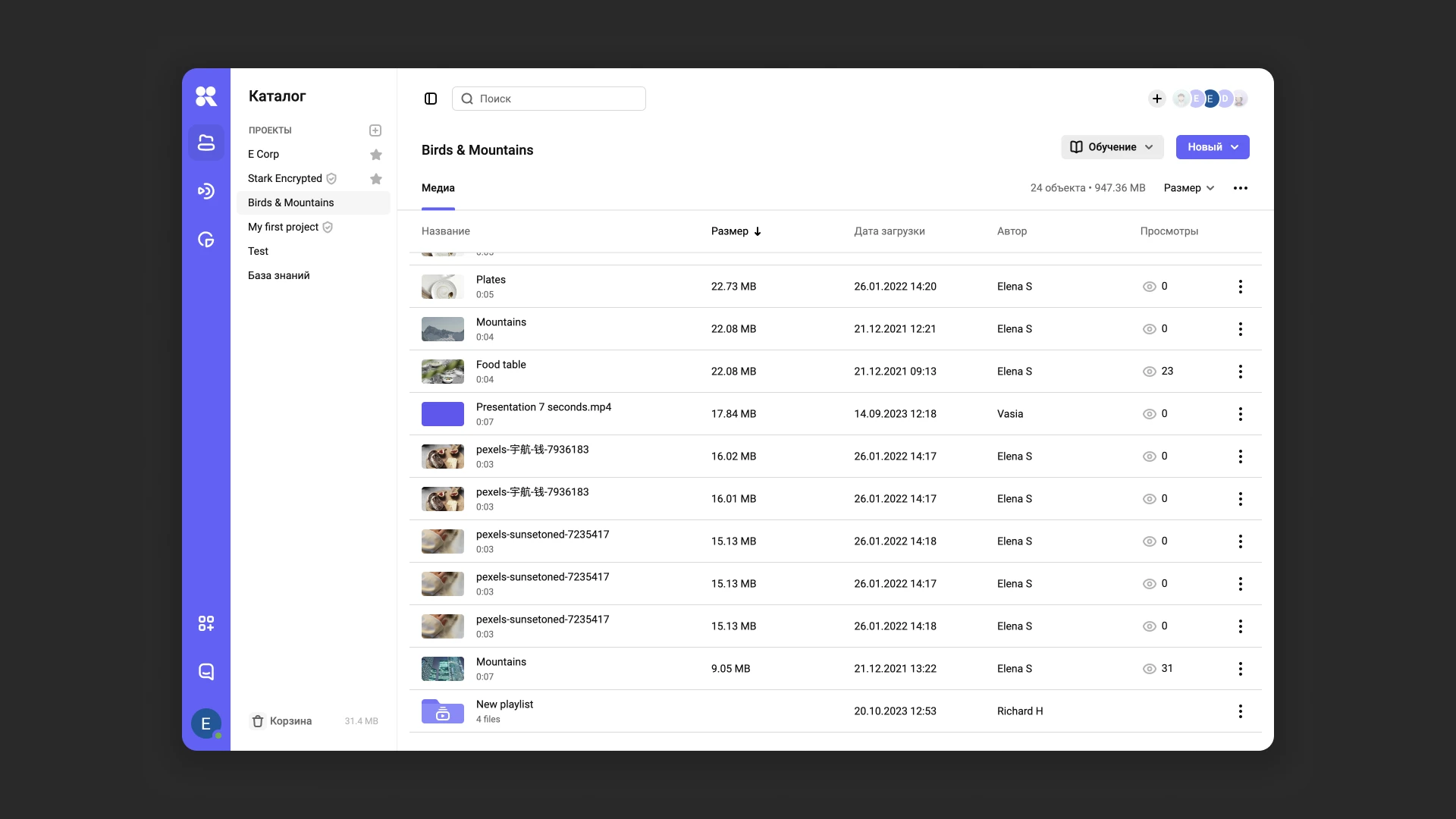 Каталог медиафайлов в Kinescope