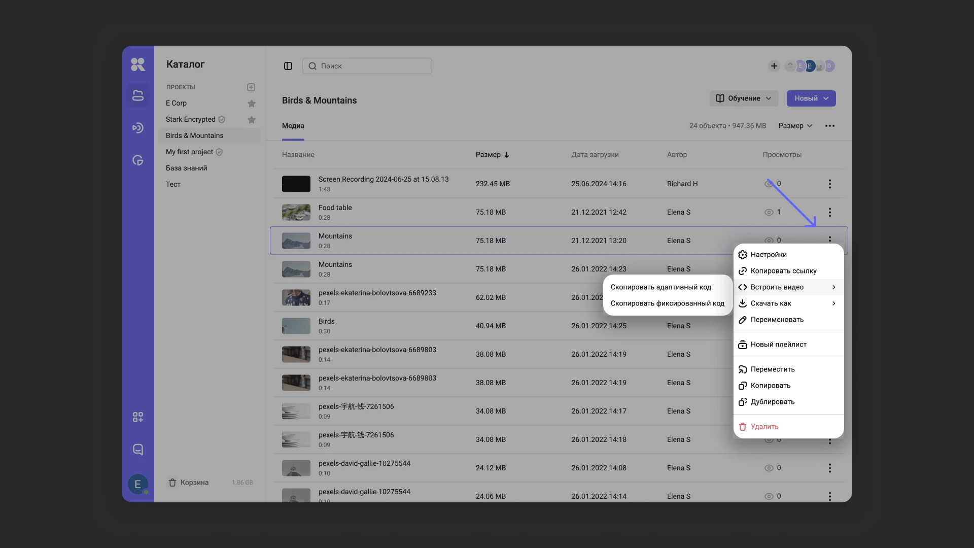 Меню копирования кода встраивания из каталога